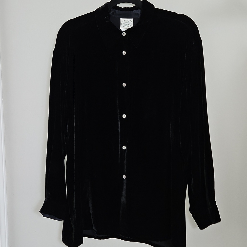 VTG Laura Ashley Black Velvet Blouse Tunic Silk Viscose Blend Long Sleeve Size 8